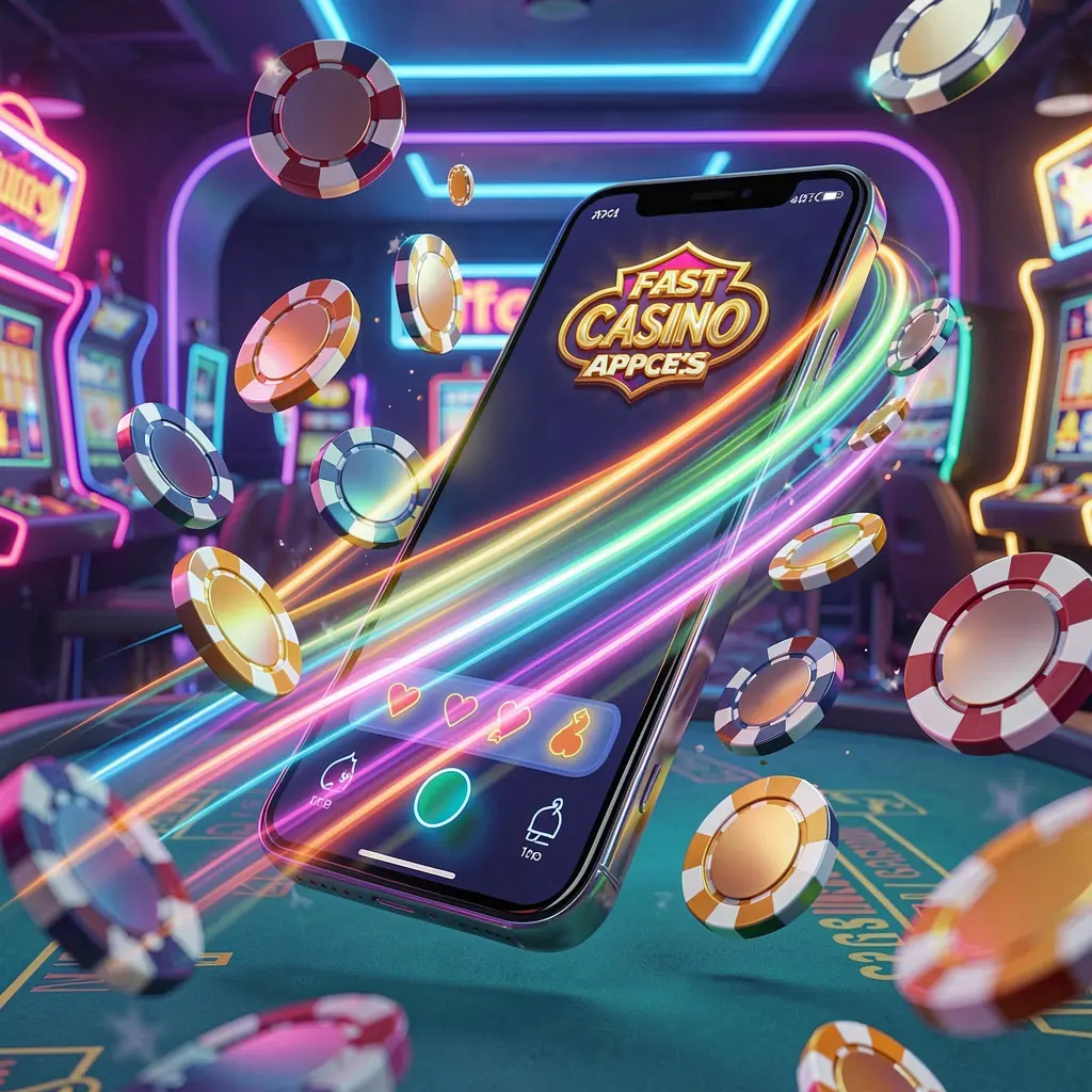 Smartphone displaying the JBC777 casino app with fast access, surrounded by flying coins and chips, set against a modern neon casino background with dynamic speed light trails