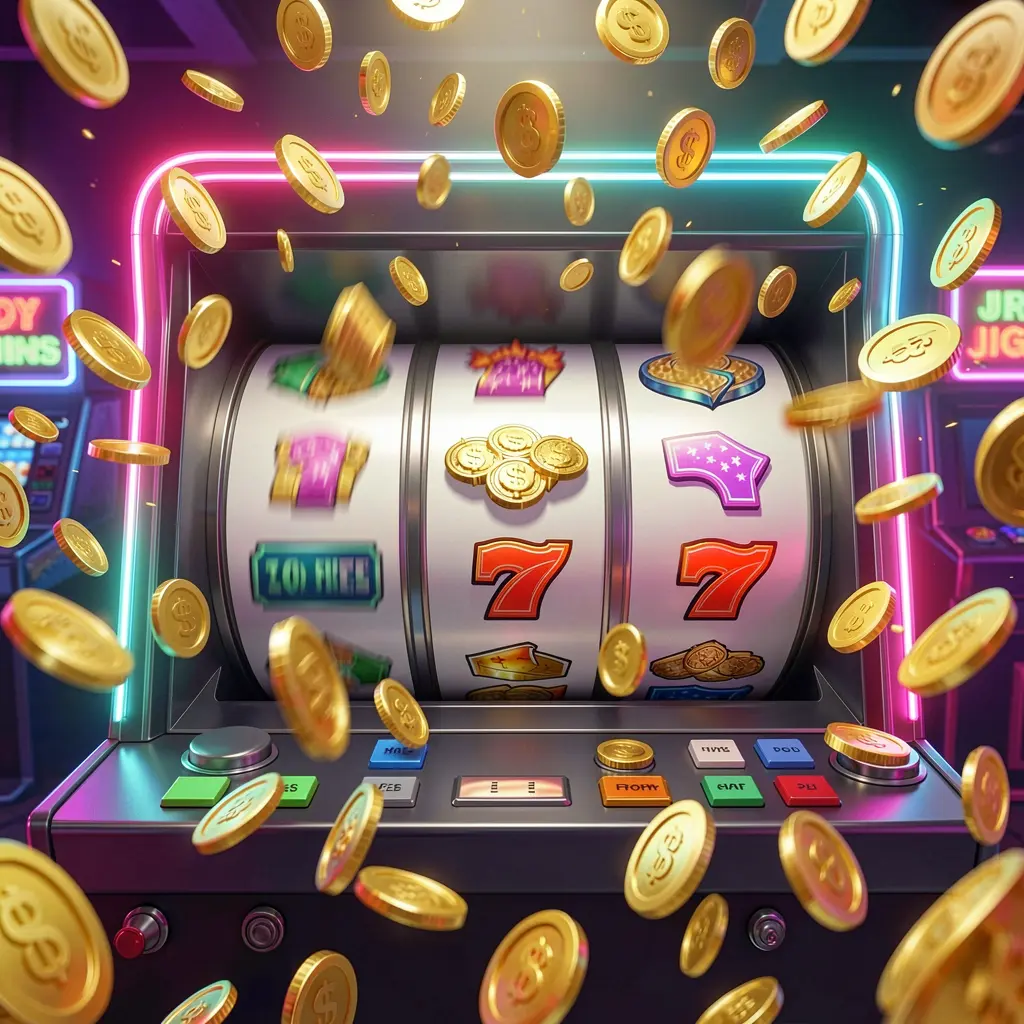 JBC777 free spins casino image featuring slot machine reels spinning with golden coins flying everywhere under colorful neon lights creating an exciting jackpot mood in a premium 3D illustration