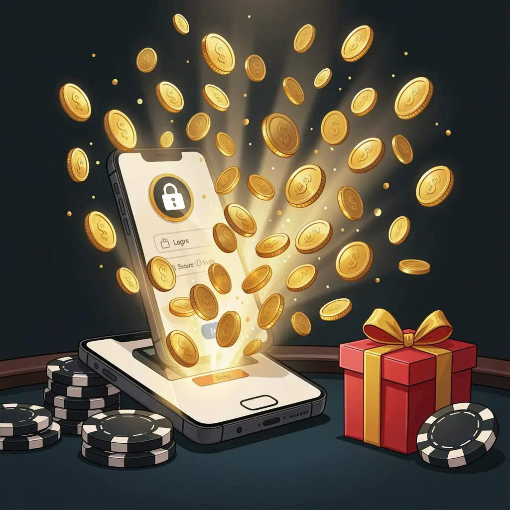 JBC777 casino user login illustration showing a phone with secure access icon, golden coins bursting from the screen, poker chips and a gift box nearby on a dark premium background