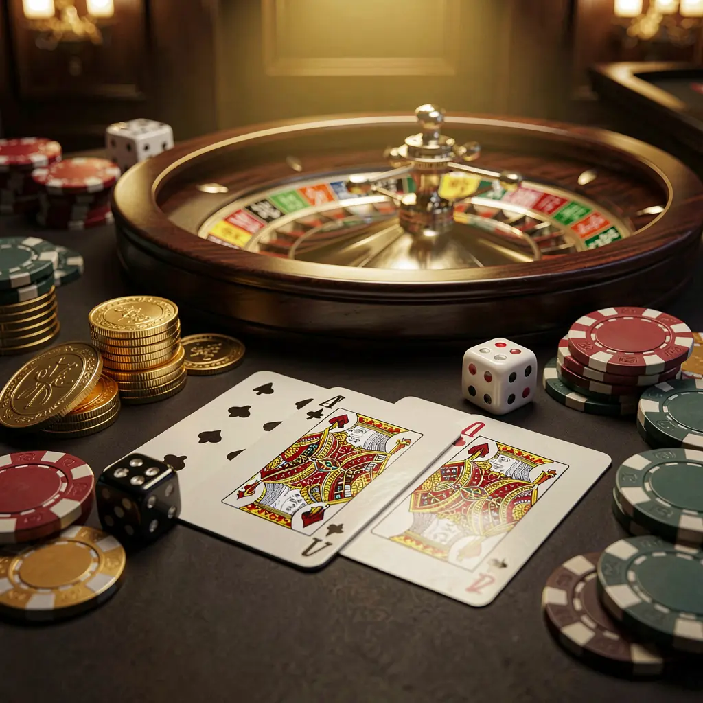 Elegant online casino homepage featuring JBC777 with royal flush cards, dice, golden coins, poker chips on a dark table, and a glowing roulette wheel in the background in a cinematic 3D render